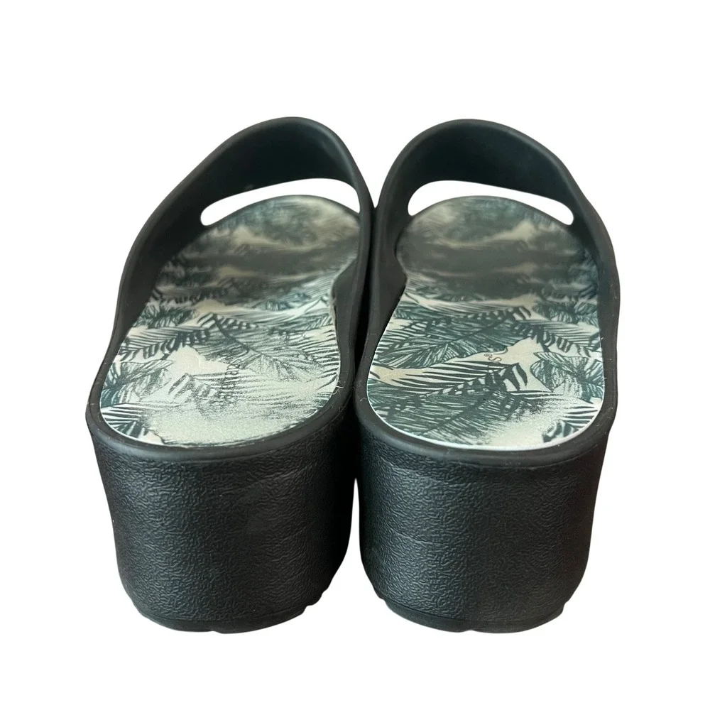 Baretraps Womens Black Platform Slide Sandals Tropical Palm Print Insole Size 10